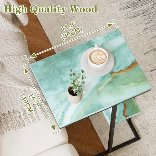 C Shaped End Side Table, Couch Sofa Table for Small Space, Snack Table with Metal Frame, TV Tray Table for Bed, Living Room, Bedroom, Bedside(Sea Blue) - color: Sea Blue+black
