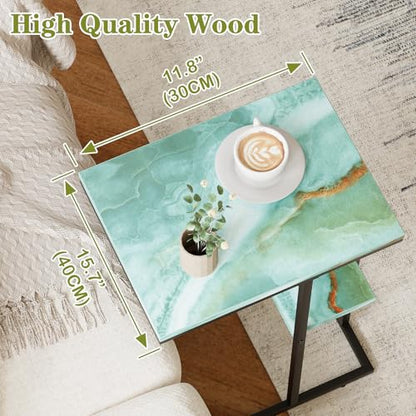 C Shaped End Side Table, Couch Sofa Table for Small Space, Snack Table with Metal Frame, TV Tray Table for Bed, Living Room, Bedroom, Bedside(Sea Blue) - color: Sea Blue+black