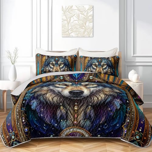 AILONEN Tribal Wolf King Quilted Comforter Set, Blue Gold Printed Bedding with 2 Pillowcases, Microfiber Filling, Main Family Bedroom - color: Blue Treasure Wild Wolf, size: King