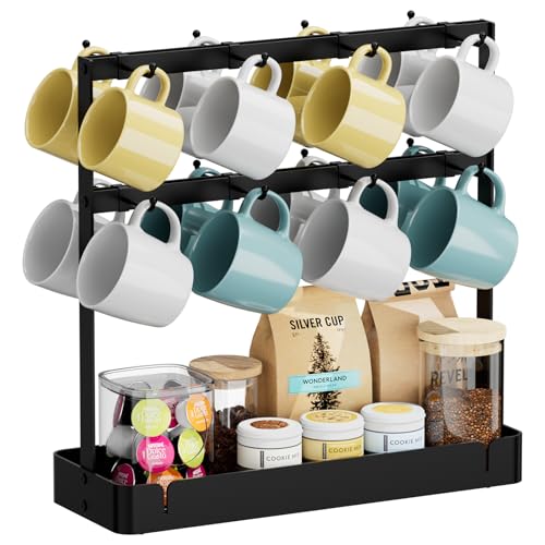 Coffee Mug Holder, 2 Tier Metal Mug Rack with 16 Movable Hooks | Extra Cup Holder for Countertop, Organize Coffee Mugs, Cups, Coffee Pods and Accessories for Kitchen, Coffee Bar, Office