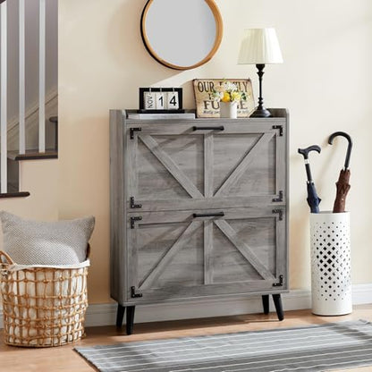 Barnyatoh Shoe Storage Cabinet with 2 Flip Drawers,Hidden Shoe Organizer | Farmhouse Freestanding Narrow Slim Shoes Rack Cabinet with Adjustable Shelves for Entryway Hallway,Washed Gray - color: Washed Gray