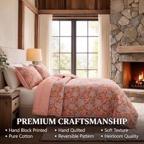 Block Print Reversible Cozy Quilt Dark Salmon Pink Queen 90" x 96" Lightweight Blanket for Sofa, Couch, Bed Soft Breathable Comforter Handmade Bedspread Duvet for Farmhouse, Home, Winter - color: Dark Salmon Pink, size: Queen 90" x 96"