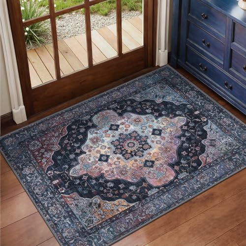 Tangsoo Vintage 2x3 Washable Rugs for Entryway, Non Slip Small Rug Blue | Oriental Indoor Front Door Rug, Boho Soft Low Pile Door Mat Small Carpet Throw Rugs for Entry Entrance Kitchen Bedroom Decor - color: Navy/Multi, size: 2' X 3' (Rectangular)