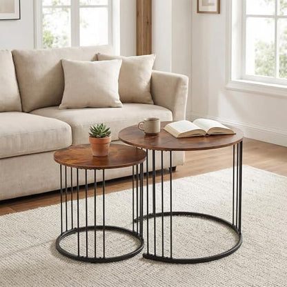 Nesting Side Tables Round Set of 2, Solid Wood End Tables Narrow with Storage Industrial Small Bedside Table Night Stand for Living Room, Bedroom, Sofa