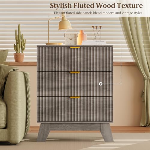 Fluted Nightstand with 3 Large Drawers, Wooden Side End Table with Elevated Legs for Easy Cleaning, Sturdy Modern Beside Table for Small Space, Bedroom, Grey, 24" L - color: Grey