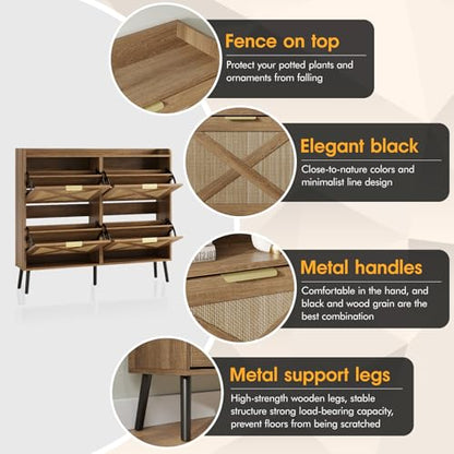 Maupvit Large Shoe Storage Cabinet with 4 Flip Drawers, Narrow Shoe Cabinet for Entryway with Wooden Legs, Freestanding Hidden Shoe Rack Organizer ＆ Metal Hinges, Rustic Oak Rattan - color: Rustic Oak Rattan, style: 4-Drawers