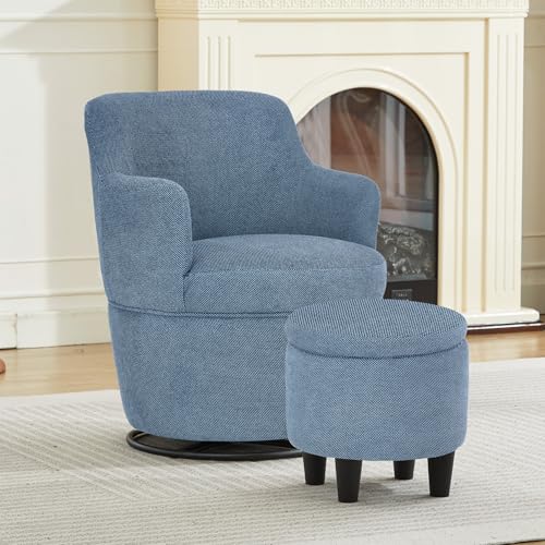 LOULENS Swivel Accent Chair with Storage Ottoman, Blue | Linen, Small, Barrel, Reading Chair, Comfy Single Sofa, Armchair, For Living Room, Bedroom - color: Blue