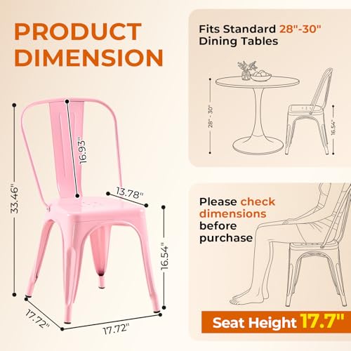 Metal Dining Chairs Set of 4 Fairy Pink Color | Pink 18inch Seat Height Kitchen Stackable Chairs for Farmhouse Bistro Patio Dining Room Outdoor - color: Fairy Pink