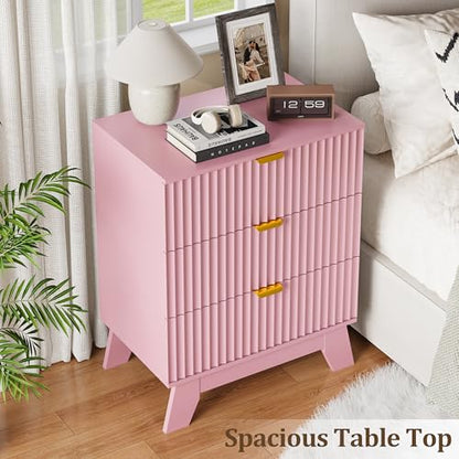 Fluted Nightstand with 3 Large Drawers, Wooden Side End Table with Elevated Legs for Easy Cleaning, Sturdy Modern Beside Table for Small Space, Bedroom, Pink, 24" L - color: Pink