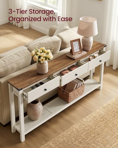VASAGLE LIRY Collection Narrow Console Table with 3 Drawers | Long Sofa Table with Storage Shelf, Honey Brown and Rustic White, 9.4 x 63 x 29.9 Inch, ULNT148W101 - color: 허니 브라운 + 러스틱 화이트, size: 9.4"D x 63"W x 29.9"H
