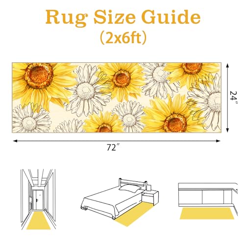 AooHHooA Sunflower Runner Rug 2x6 Non-Slip Washable Yellow | Modern Rustic Sunflower Runner Rug with Non-Slip Backing, Long Rug for Hallway Kitchen Entryway Laundry - color: Sunflower-1, size: 2' x 6' (Runner)