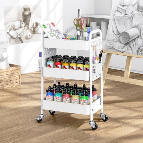 TOOLF Metal Rolling Storage Cart, 3-Tier Utility Mobile Cart with DIY Pegboards, Serving Trolley Cart with Baskets Hooks, for Kitchen, Bathroom, Office, Home, Classroom (Light White) - color: Light White