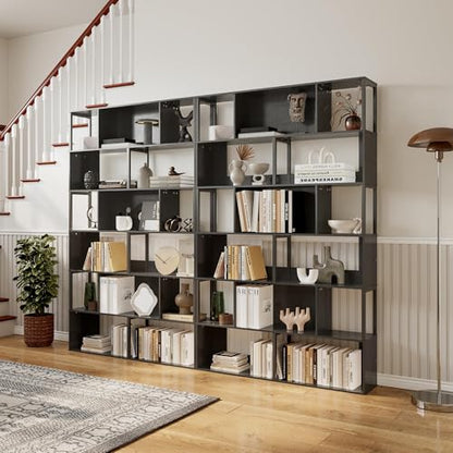 IDEALHOUSE 6-Tier Bookshelf, Tall Geometric Bookcase, Modern Room Divider & Display Shelf with Anti-Tipping Devices, Mid Century Bookshelf for Living Room - color: Black