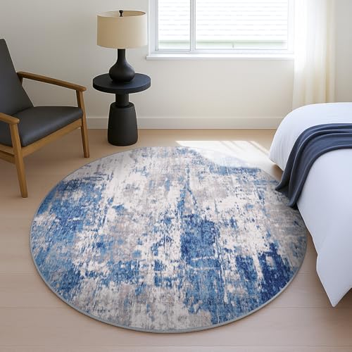 RELEANY Washable Round 4ft Area Rug for Living Room Blue Gray | carpet for bedroom, kitchen, office, hallway and entryway, printed pattern, non-slip, soft, stain-resistant, easy to clean - color: Blue/Gray, size: 4' (Round)