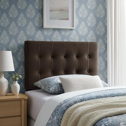 Modway Emily Twin Size Performance Velvet Headboard in Chocolate Brown - Stain-Resistant Velvet Upholstery with Button Tufting and 7 Adjustable Height Positions - color: Chocolate Brown, size: Twin