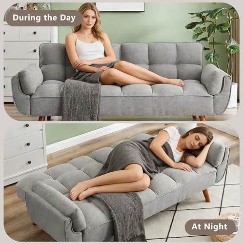 Futon Sofa Bed Modern Convertible Sleeper Sofa, 75” Linen Twin Size Futon Couch Comfy Recliner Sofa Couch with Adjustable Split Backrest for Living Room Small Spaces, Grey - color: Grey
