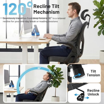 Office Chair Ergonomic Desk Chair with Adjustable Headrest Lumbar Support, High Back Breathable Mesh Chair with 120° Tilt & Flip-Up Armrests, Swivel Comfy Task Computer Chair for Work, Study - color: Dark Gray