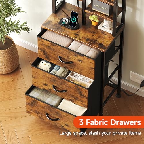 COTUBLR Night Stand, Tall Nightstand with Charging Station and LED Lights, Side Table with 4-Tier Shelves and 3 Fabric Drawers, 45.3" Tall Bedside End Tables for Bedroom, Hallway, Office, Rustic Brown - color: Rustic Brown