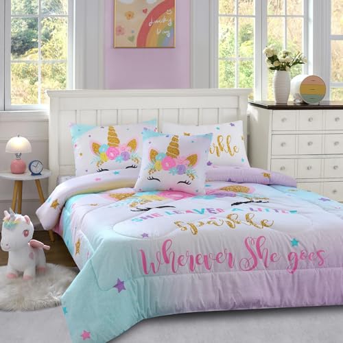 Cokouchyi Twin Comforter Set for Girls, 6-Piece Bed in a Bag, 3D Colorful Unicorn Bedding Comforter Sheet Set, Ultra Soft and Fluffly, Pink & Rainbow Color - color: Unicorn 6-piece, size: Twin