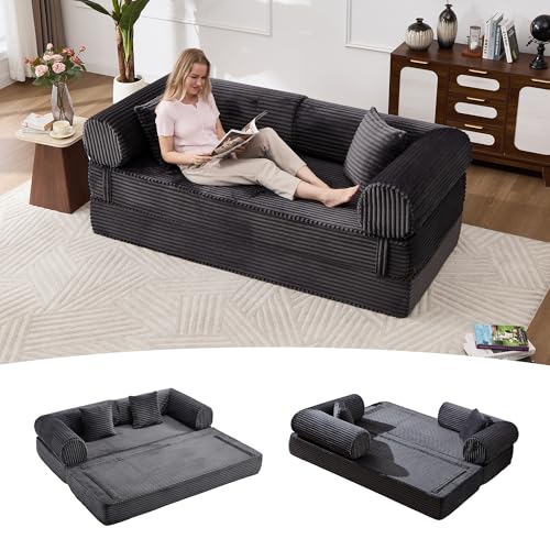 Tbfit 79'' Convertible Sofa Bed, Oversized Corduroy Folding Boneless Couch, Futon Mattress Sleeper Sofa, Comfy Foldable Upholstered Floor Couches for Living Room, Black - color: Black, size: 35.43'' Depth