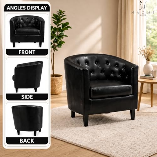 Naomi Home Emma Faux Leather Tufted Barrel Accent Chair - Black | Solid wood frame, sturdy legs and easy-clean faux leather create lasting comfort for living room, bedroom or office. - color: Black, style: Barrel
