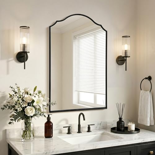Besdomus Bathroom Mirrors for Over Sink: 24"x36" Black Wooden Arched Mirror | Classical Minimalist Scalloped Decorative Wall for Vanity/Dresser/Mantel/Bedroom/Entryway/Hallway/Fireplace/Nightstand - color: Black, size: 36"L x 24"W