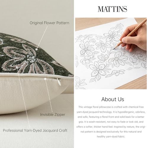 MATTINS 18x18 Vintage Floral Patterned Throw Pillow Covers, Olive Green 2PC | Farmhouse Decorative Pillow Covers, Country Botanical Jacquard Design, Cottage Boho Accent for Sofa, Bed, and Living Room - color: Olive Green, size: 18" x 18" (Pack of 2)