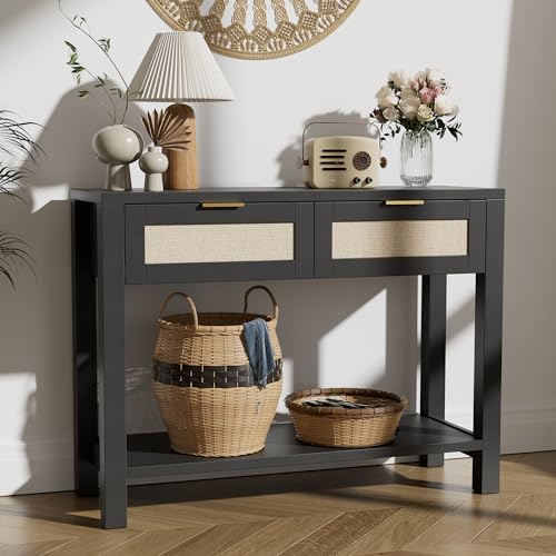 Boho Chic Console Table with 2 Rattan Drawers and Open Shelf Storage, Narrow Farmhouse Sofa Table for Small Space Entryway, Living Room,Hallway, Black - color: Black