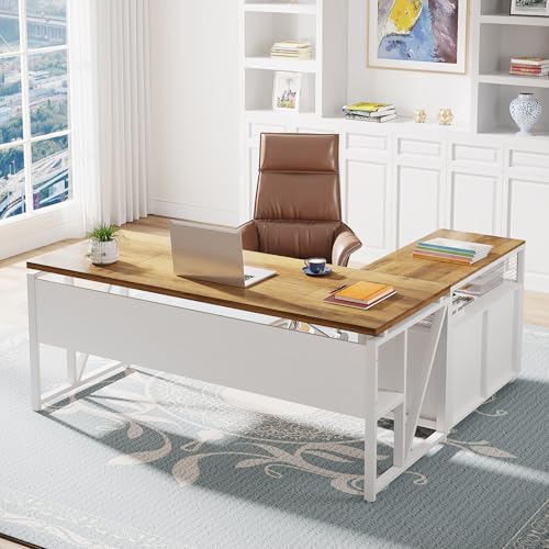 Tribesigns L Shaped Desk with Drawer,63" Executive Computer Desk and lateral File Cabinet, 2 Piece Home Office Furniture for Hanging File, Cabinet with Doors - color: Walnut, size: 63 inches