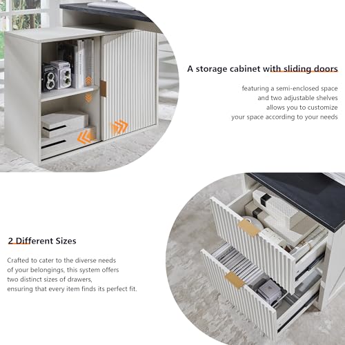 Modern L Shaped Desk with Storage Cabinet & Drawers, Wood Home Office Desk with Power Outlets, Fluted Computer Writing Desk - color: Antique White, size: 33"D x 67"W x 35.5"H