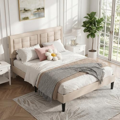 VECELO Full Size Bed Frame, Adjustable Upholstered Button Tufted Headboard, Heavy-Duty Bedframe with Wood Slats Support, No Box Spring Needed, Beige - color: Beige, size: Full, style: Bed Frame