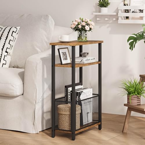 MMEOLUOOK Narrow Side Table with Storage Basket Skinny End Tables for Smalls Spaces 3 Tier Sofa Table Small Nightstand Slim Bedside Table for Living Room Bedroom Rustic Brown MLBZ22RB - color: Rustic Brown