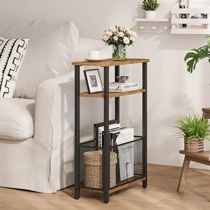 MMEOLUOOK Narrow Side Table with Storage Basket Skinny End Tables for Smalls Spaces 3 Tier Sofa Table Small Nightstand Slim Bedside Table for Living Room Bedroom Rustic Brown MLBZ22RB - color: Rustic Brown