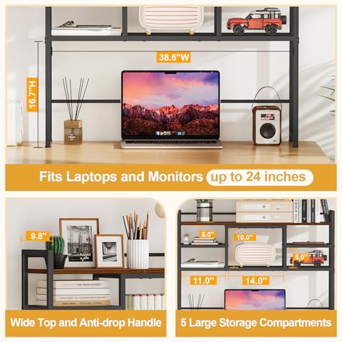 Snughome Desk Shelf, 38.6" Desktop Bookshelf, Desk Hutch Dorm, Countertop Storage Hutch with 5 Shelves for Computer Desk, Multipurpose Wood Desktop Display Organizer Rack for Home Office Dorm
