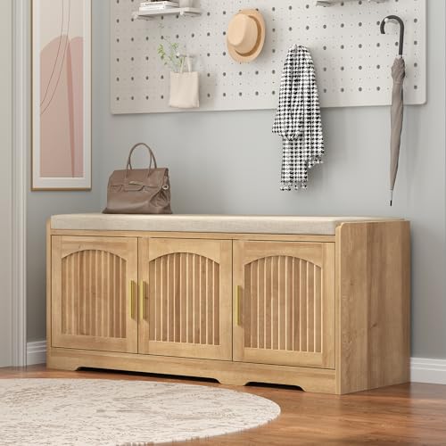 39.4" Shoe Storage Bench with Seating Cushion, Fluted 2-Tier Entryway Bench with 3 Doors & Adjustable Shelves, Shoe Cabinet Bench for Entryway, Hallway, Bedroom and Living Room - color: Natural