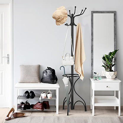 Tangkula Coat Rack Freestanding, 75 Inch Heavy Duty Metal Hanger Stand with Umbrella Holder, Entryway Hat Jacket Hanger with 12 Hooks for Scarf Crutch Bag, Standing Coat Tree Rack (Black)