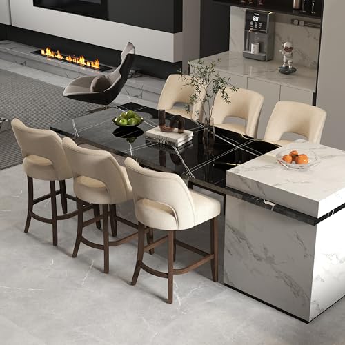 VKNOW Bar Stools Set of 6, 26" Fabric Counter Height Bar Stools, Beige | Modern Upholstered Counter Stools with Rubberwood Legs for Kitchen Island Dining Room Bar - color: Beige, size: Set of 6