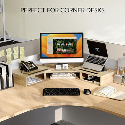 AMERIERGO Dual Monitor Stand Riser- 3 Shelf Screen Stand with Adjustable Length and Angle, 2 Extra Functional Slot Desktop Organizer Stand for PC, Computer, Laptop (Light Wood) - color: Light Wood