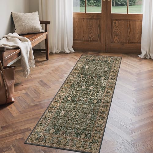 2x7 Kitchen Runner Rug, Washable Non Slip, Dark Green Brown | Vintage Floral Design, Spill Resistant Lightweight Low Pile Carpet for Hallway, Bedroom, Laundry Room, Bathroom - color: Dark Green Brown, size: 2' x 7' (Rectangular)