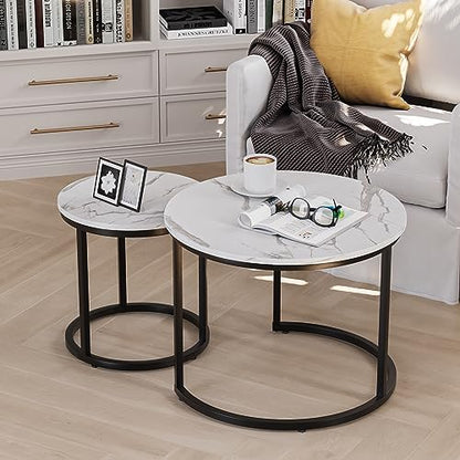 Smuxee White Nesting Coffee Table Set of 2, 23.6" Round Coffee Table Wood Grain Top with Adjustable Non-Slip Feet, Industrial End Table Side Tables for Living Room Bedroom Balcony Yard - color: White-black, size: 23.6"W
