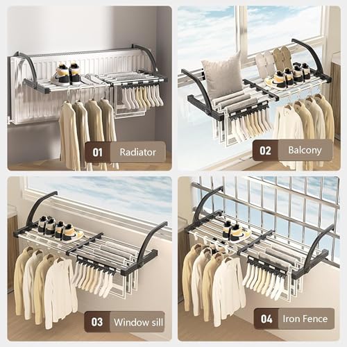 Portable Clothes Drying Rack for Balcony,29"x13" Foldable Railings Windowsill, Retractable Radiator Clothes Airer,Folding Towel Rack Indoor Outdoor Travel RV Laundry Rack with Clips - size: A-29"x13"