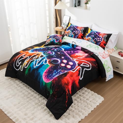 Aimuan Gamer Gaming Bedding Sets 3D Gamepad Comforter Sets for Boys Games Console Action Buttons Novelty Colorful Game Controller Modern Room Decor Home Quilt Set (Black-Purple, Twin 6PCS) - color: Black-purple, size: Twin(6Pcs)