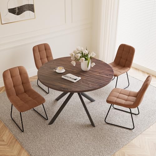 HIPIHOM 45.3 Inch Round Dining Table Set for 4, Mid Century Modern Small Coffee Set for Dining Room Kitchen Apartment (Dark Walnut Table + 4 U-Shaped Brown Chairs) - color: Walnut Table+4 U-shaped Brown Chairs