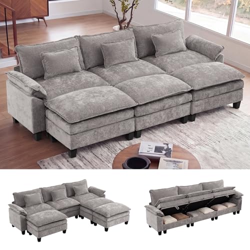 118" Modular Sectional Sofa with Storage, Comfy Cloud Couch Sleeper | Chaise Lounge, Deep Seat, Moveable Ottoman, Throw Pillows, Cloud Comfort Couches for Living Room Bedroom, Chenille Grey - color: Grey, size: 118"- 6 Seat