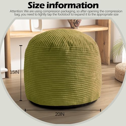 Round Stuffed Pouf Ottoman for Foot Stools, 20"x 15" Corduroy Poufs Ottoman | Shredded Foam Filling, Washable Floor Poufs Foot Rest for Living Room Bedroom Home Decor and Office Chair - color: Green