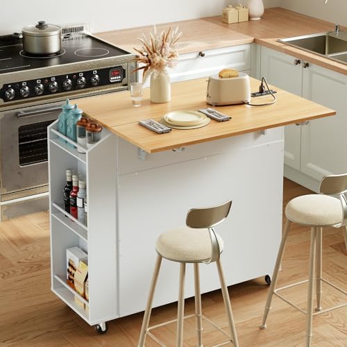 HOOBRO Kitchen Island with Drop Leaf Countertop & Power Outlet, Rolling Island Cart on Wheels, Kitchen Cart with Drawer & Spice Rack, Mobile Island Table for Kitchen, White and Natural WN86UZD01 - color: Natural + White