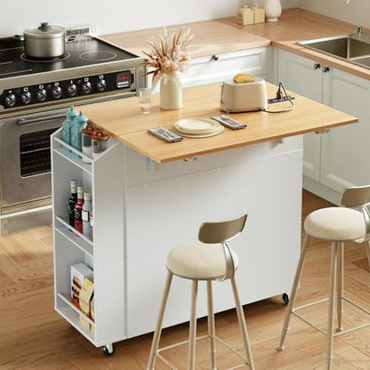HOOBRO Kitchen Island with Drop Leaf Countertop & Power Outlet, Rolling Island Cart on Wheels, Kitchen Cart with Drawer & Spice Rack, Mobile Island Table for Kitchen, White and Natural WN86UZD01 - color: Natural + White