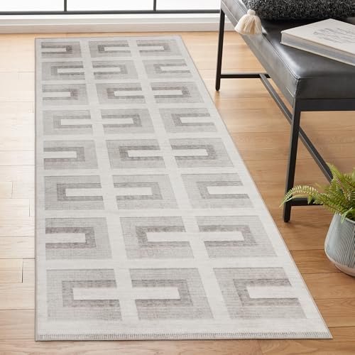 Machine Washable Area Rug Runner - Living Room Bedroom Bathroom Kitchen Entryway Office - Non-Slip Baking Low Pile Stain Resistant Premium - Modern Geometric - Remi - Beige 2'6" x 6' - color: Remi - Beige, size: 2'6" x 6' (Rectangular)