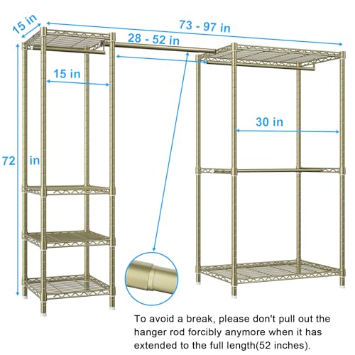 E10 Clothes Rack（With Stretchable Hanger Rod）Freestanding Clothing Racks for Hanging Clothes，Adjustable Closet Organizer System，Portable Garment Rack 73-97"W x 15" D x 72" H，Max Load 800LBS，Gold - color: Gold