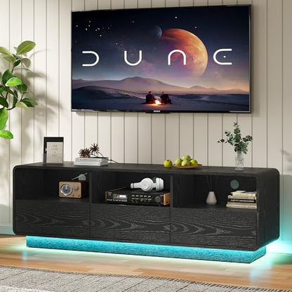 RoyalCraft TV Stand for TVs Up to 65", Modern Black Entertainment Center with 3 Storage Drawers and LED Lights, Curved Wood Media TV Console for Living Room, Bedroom - color: Black